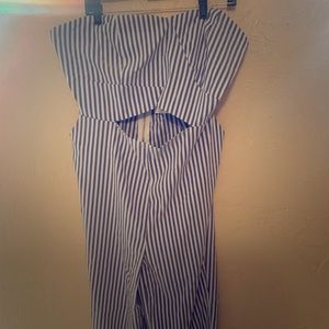 Light Blue & White Striped Long Pant Play Suit